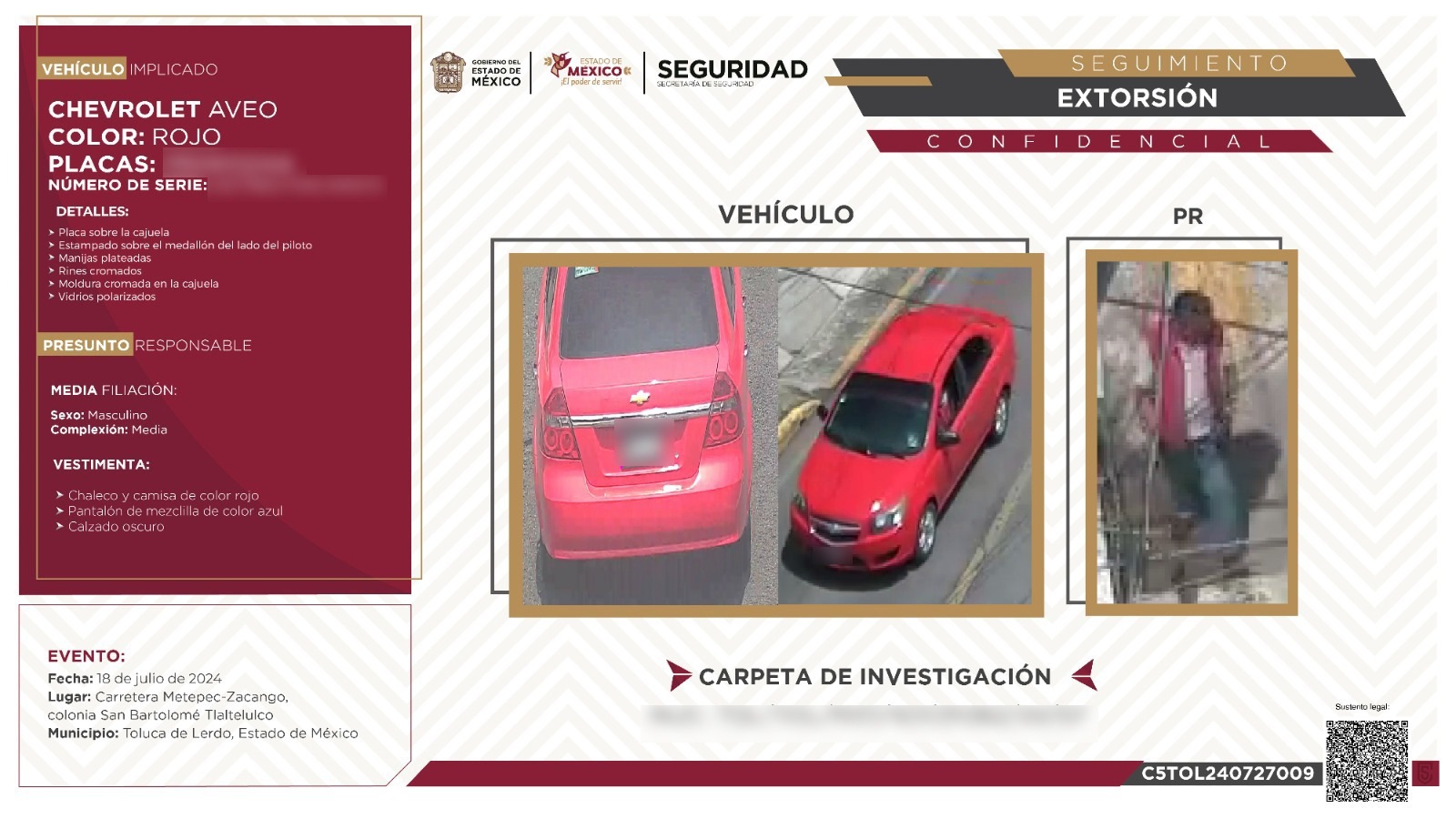 Aseguran vehículo presuntamente vinculado con delito de extorsión en Metepec